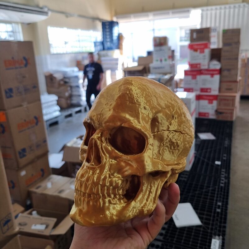 Crânio impresso em 3D em filamento dourado, segurado na mão para mostrar o tamanho